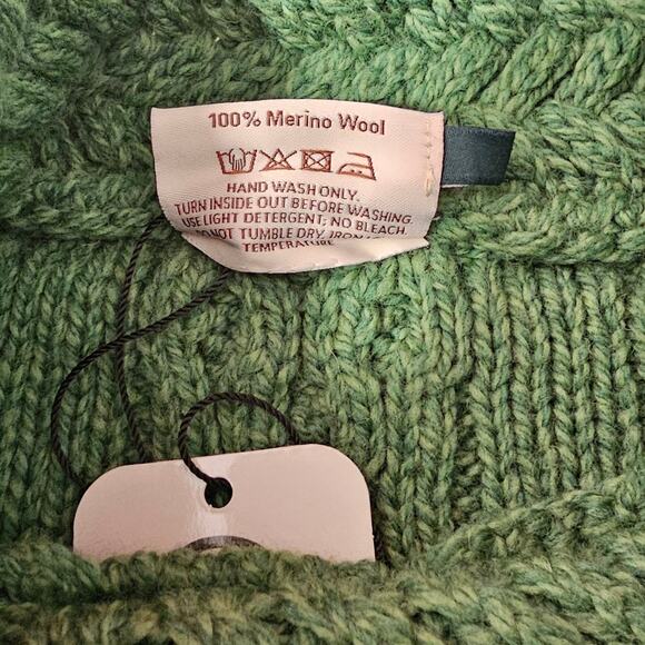 NWT SAOL Green Aran Fisherman Merino Wool Cowl Funnel Neck Cable Knit Sweater S - Picture 9 of 10
